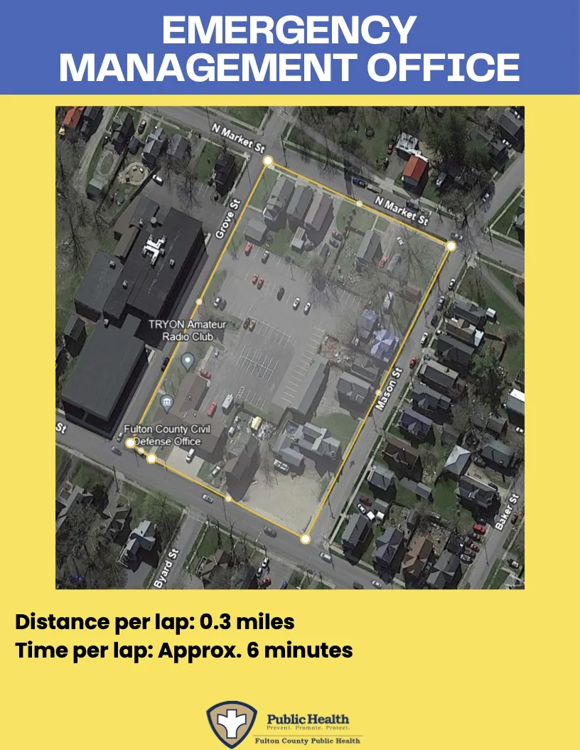 Department of Social Services walking route in Johnstown, NY with a distance of .3 miles. Start facing the front doors of the Emergency Management Office on N Perry St and turn right. Proceed on N Perry St to the corner of Mason St. Turn left and continue to N Market St. Turn left and proceed to Grove St. Turn left at N Perry St and you will be where you started.